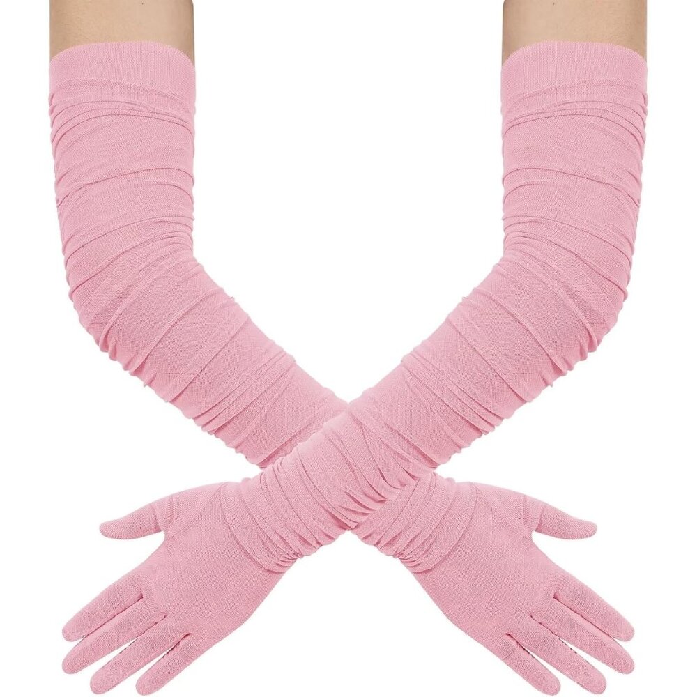 Women's Pink Stretchy Tulle Spandex Mesh Sheer Satin Long Gloves Party Prom